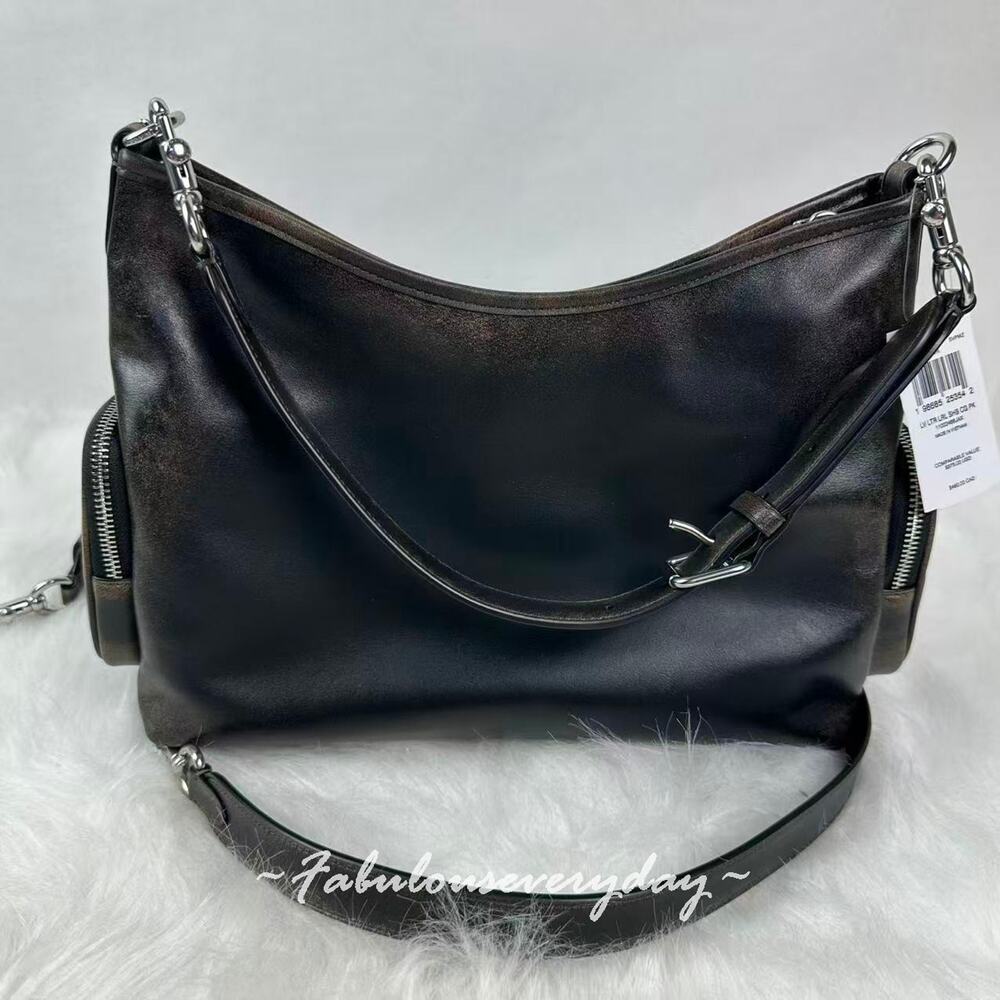 Coach Laurel Shoulder Bag With Pockets In Loved Leather/Silver/Black Brow CES84 - Picture 4 of 9